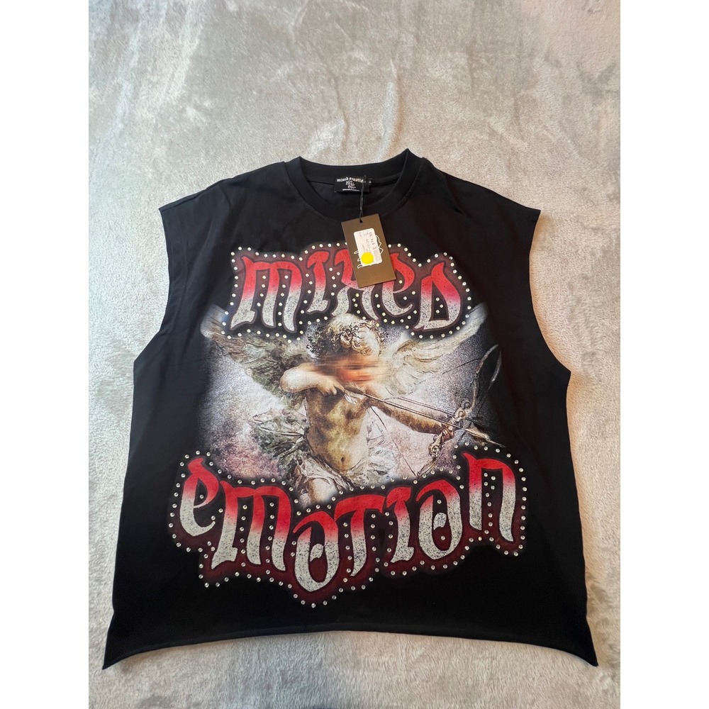 Mixed Emotion T Shirt Mens Large Black NWT Cupid Rhinestone Graphic Tank Top